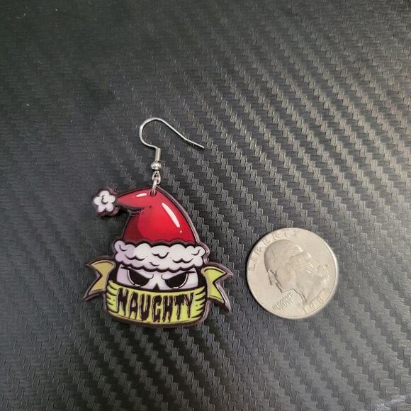 Naughty creepy Santa acrylic Christmas earrings, double sided pattern - Picture 2 of 3
